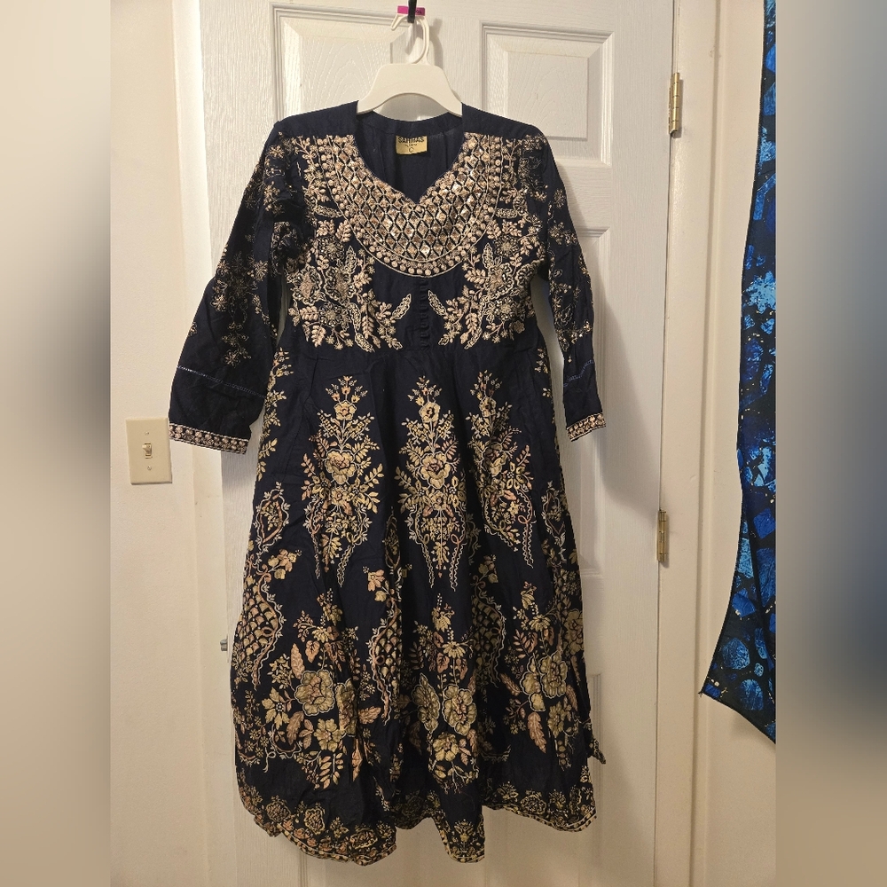Elegant Navy and Gold Embroidered Dress